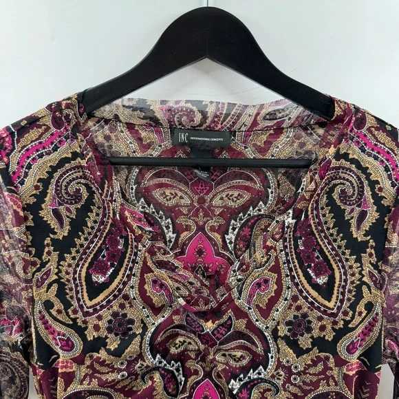 INC International Concepts Paisley Mesh Sleeve Top V-Neck Size Large - Picture 5 of 8